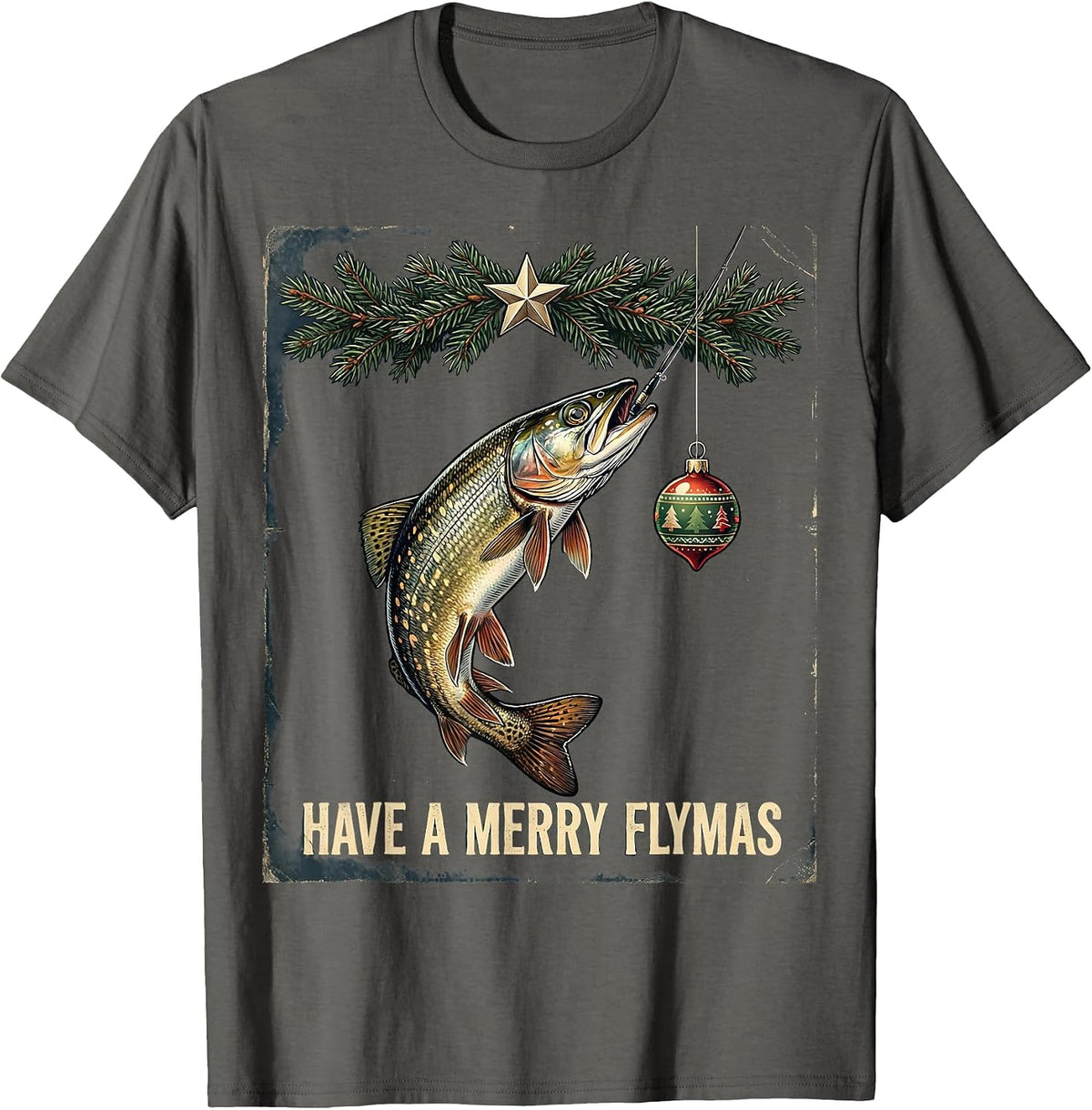 Have a Merry Flymas Vintage Fishing Christmas Ugly Sweater T-Shirt - Asphalt Grey