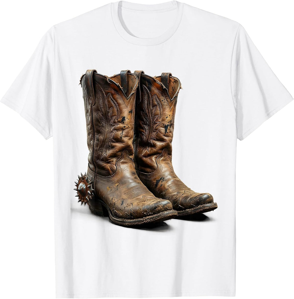 Men's Worn Cowboy Boots With Spurs 90s Country Graphic T-Shirt - White