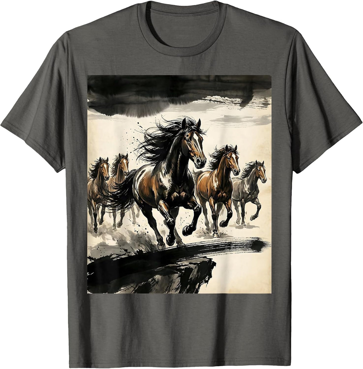 Wild Horses Running Along Cliff Edge at Sunset T-Shirt - Asphalt Grey