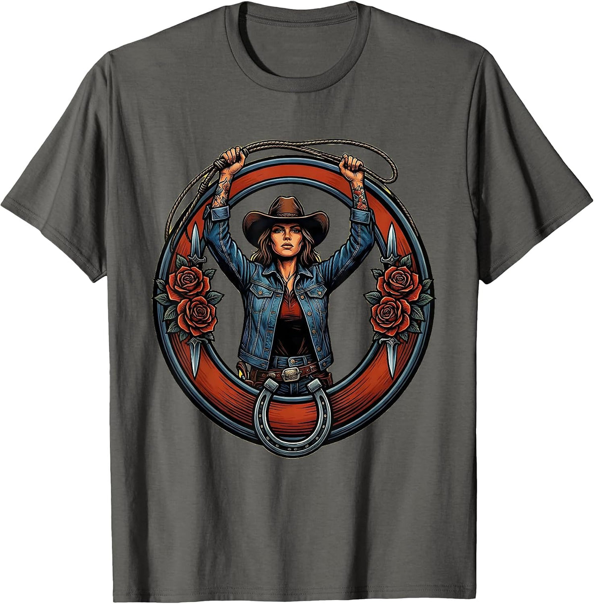 Denim Cowgirl Lasso Twirl Western Graphic Design T-Shirt - Asphalt Grey