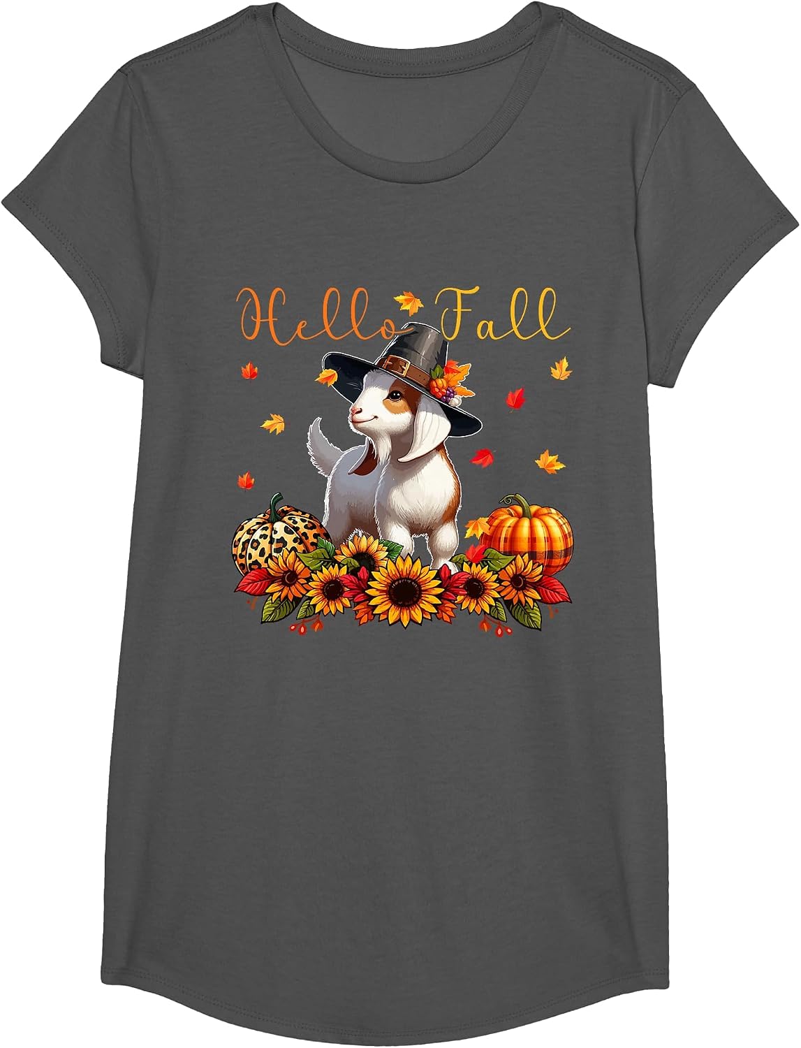 Fall Thanksgiving Goat Costume Autumn Leopard Pumpkins T-Shirt - Girls Asphalt Grey