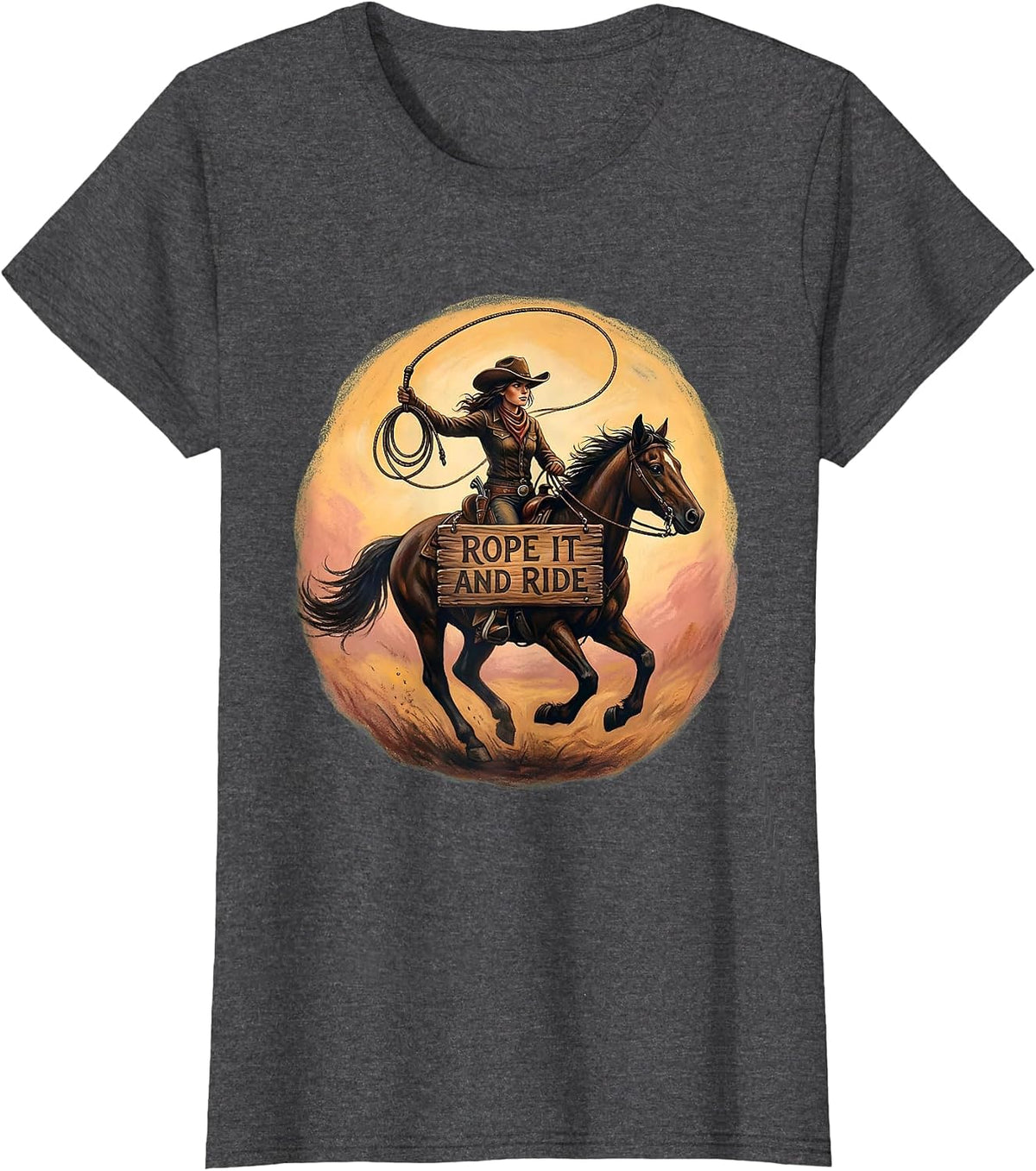 Women's Rope It and Ride Western Cowgirl Design T-Shirt - Dark Heather Grey