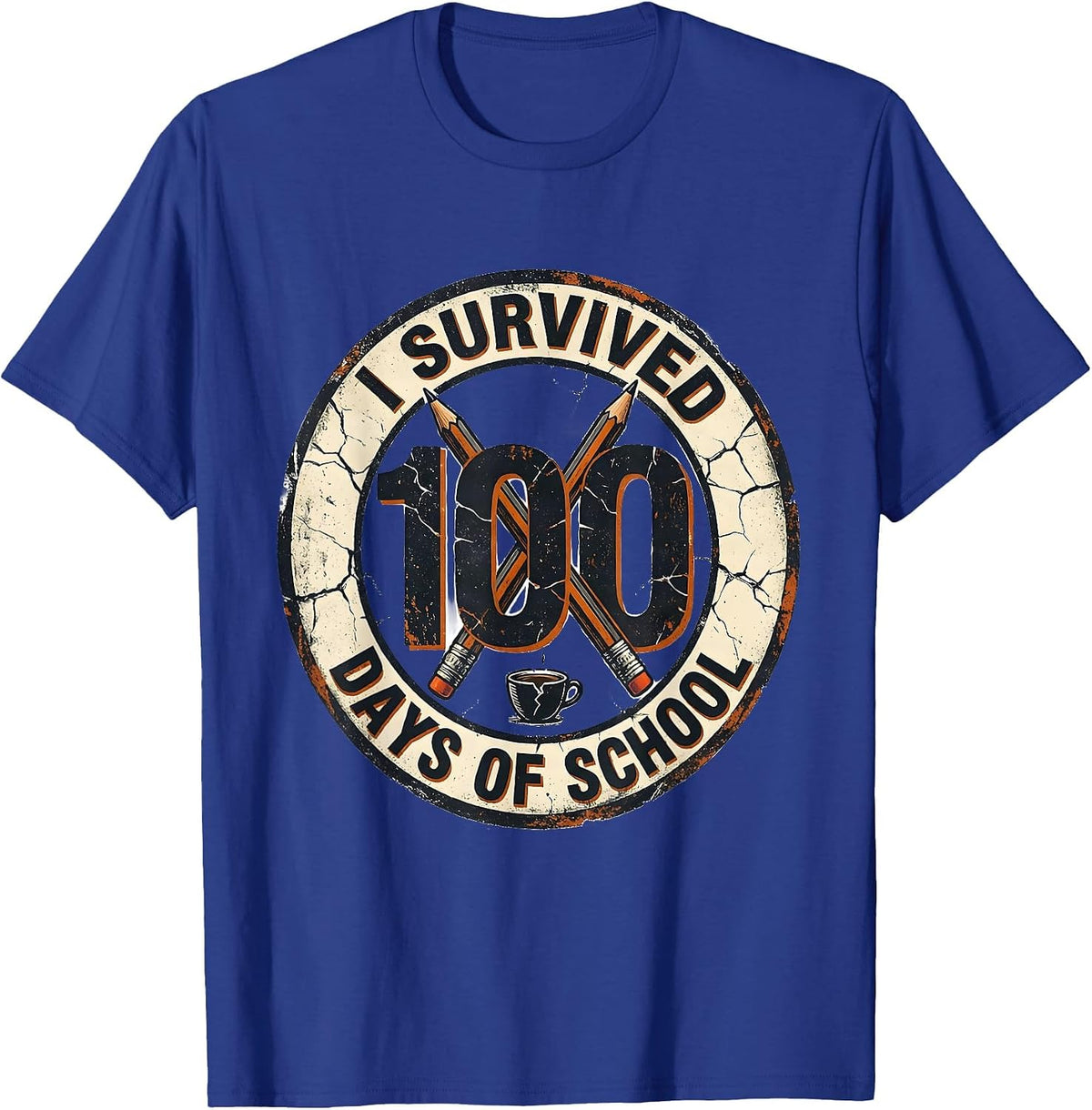 Men's I Survived 100 Days Of School Distressed Teacher Humor T-Shirt - Royal Blue
