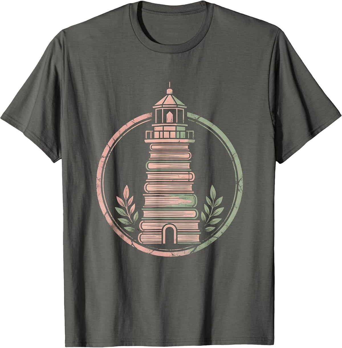 Lighthouse Made of Stacked Books Reading Teacher T-Shirt - Asphalt Grey