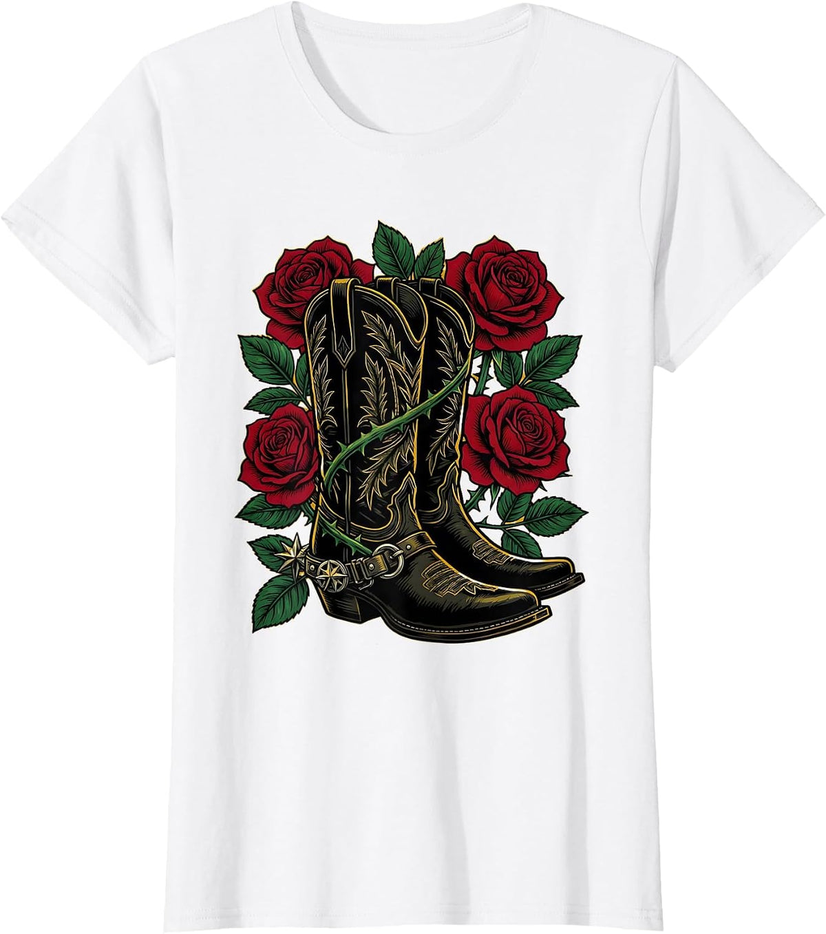 Women's Cowboy Boots Spurs and Roses Western Graphic T-Shirt - White