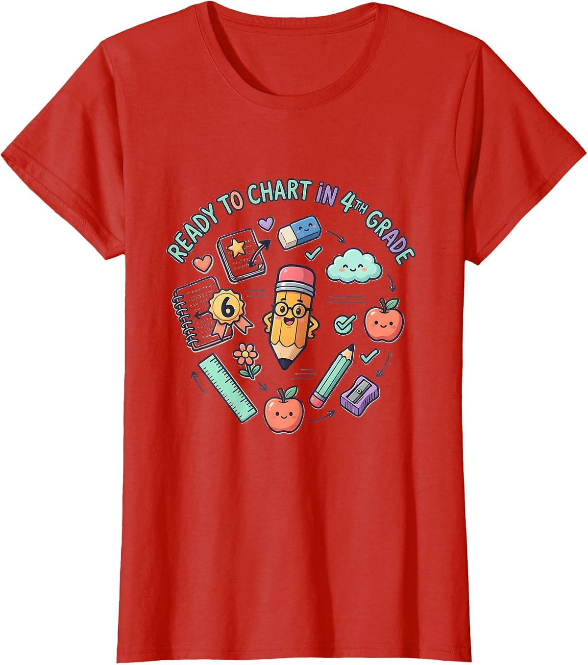 Ready to Chart in 4th Grade Cute Kawaii Stationery Doodle T-Shirt - Red
