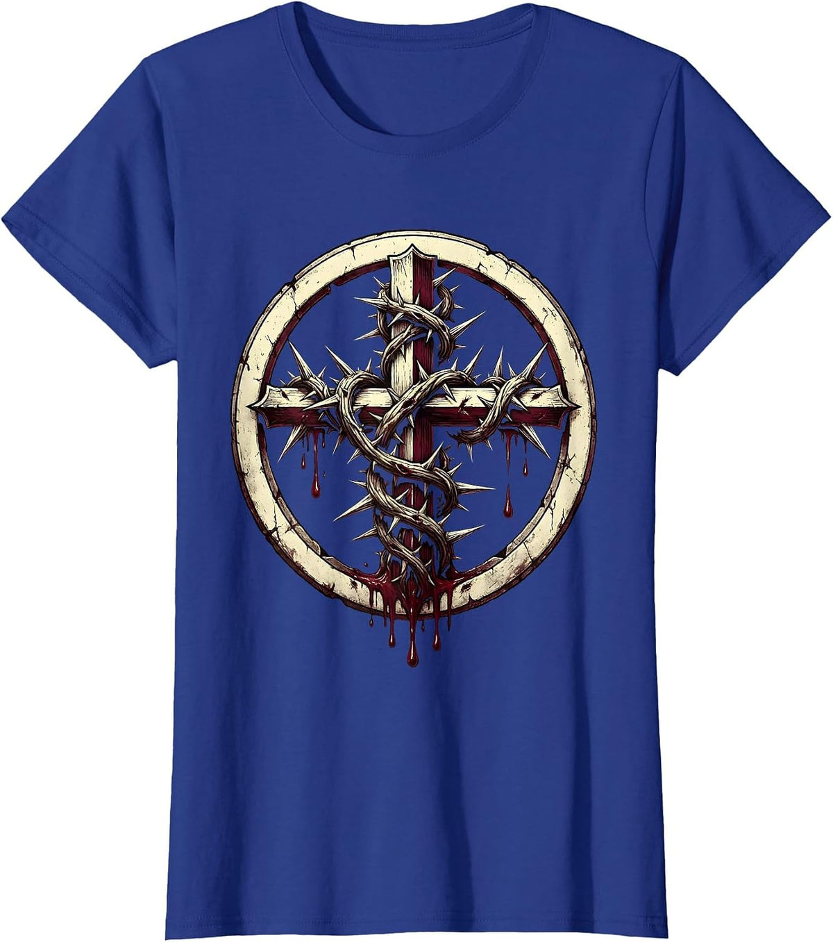 Women's Cross Wrapped in Thorns with Dripping Blood Design T-Shirt - Royal Blue