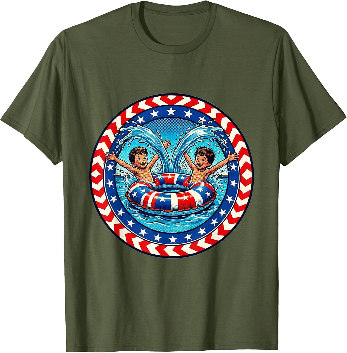 Kids American Flag Pool Day Graphic Tee T-Shirt - Olive Green