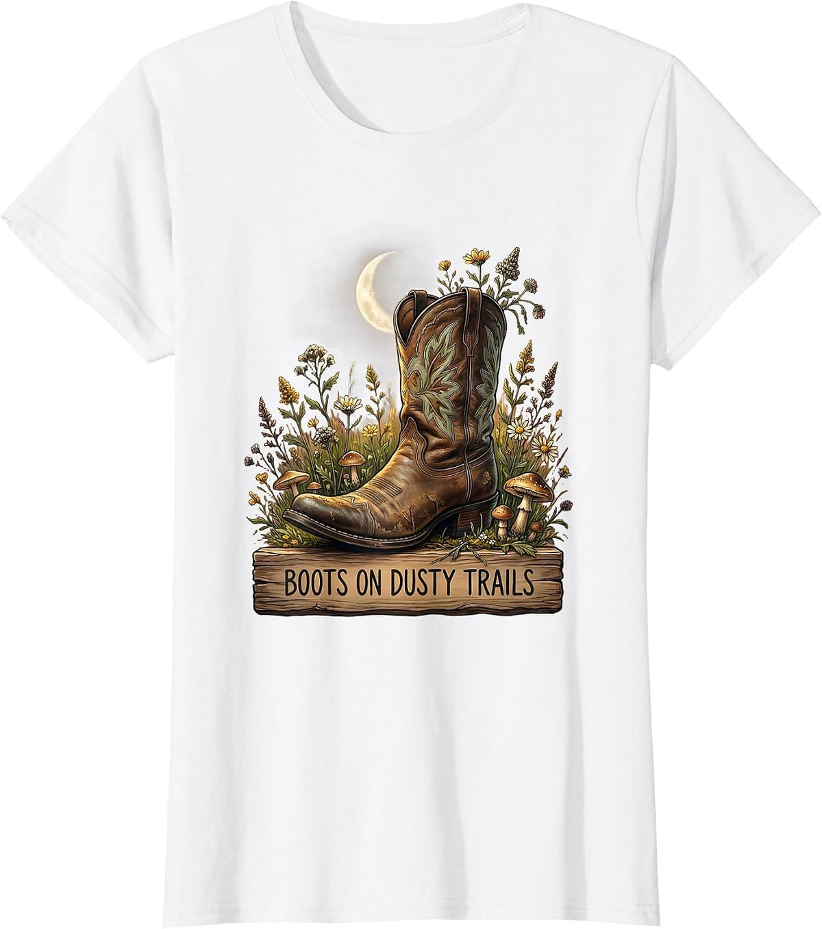 Women's Boots on Dusty Trails Western Graphic Design T-Shirt - White
