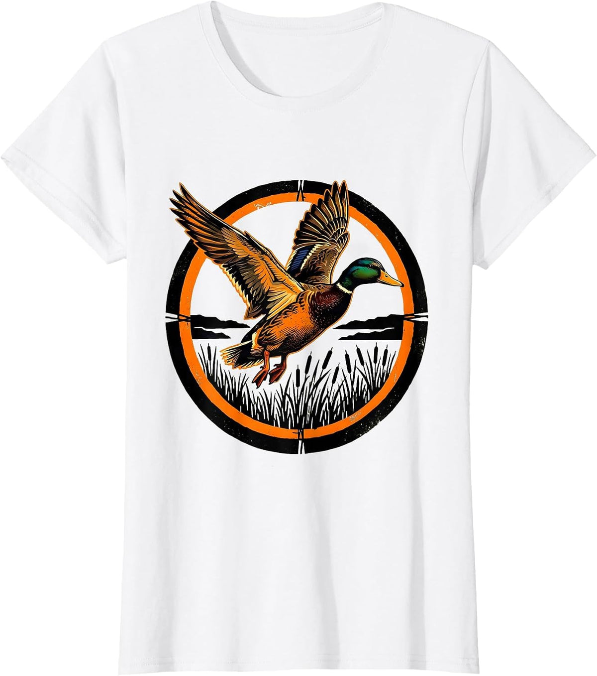 Women's Camo Duck Flying Over Marsh Reeds Illustration T-Shirt - White