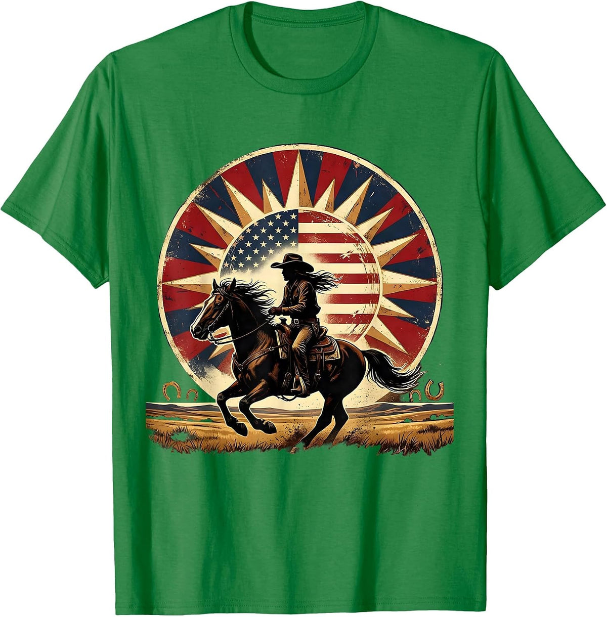 Men's Cowgirl Silhouette Horseback Sunset Graphic T-Shirt - Kelly Green