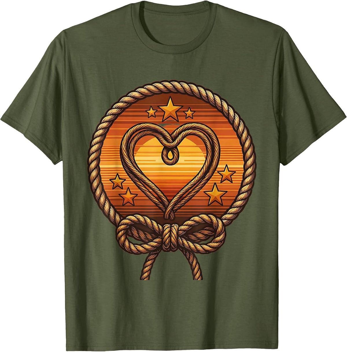 Western Lasso Heart Stars Cowgirl Graphic Design T-Shirt - Olive Green