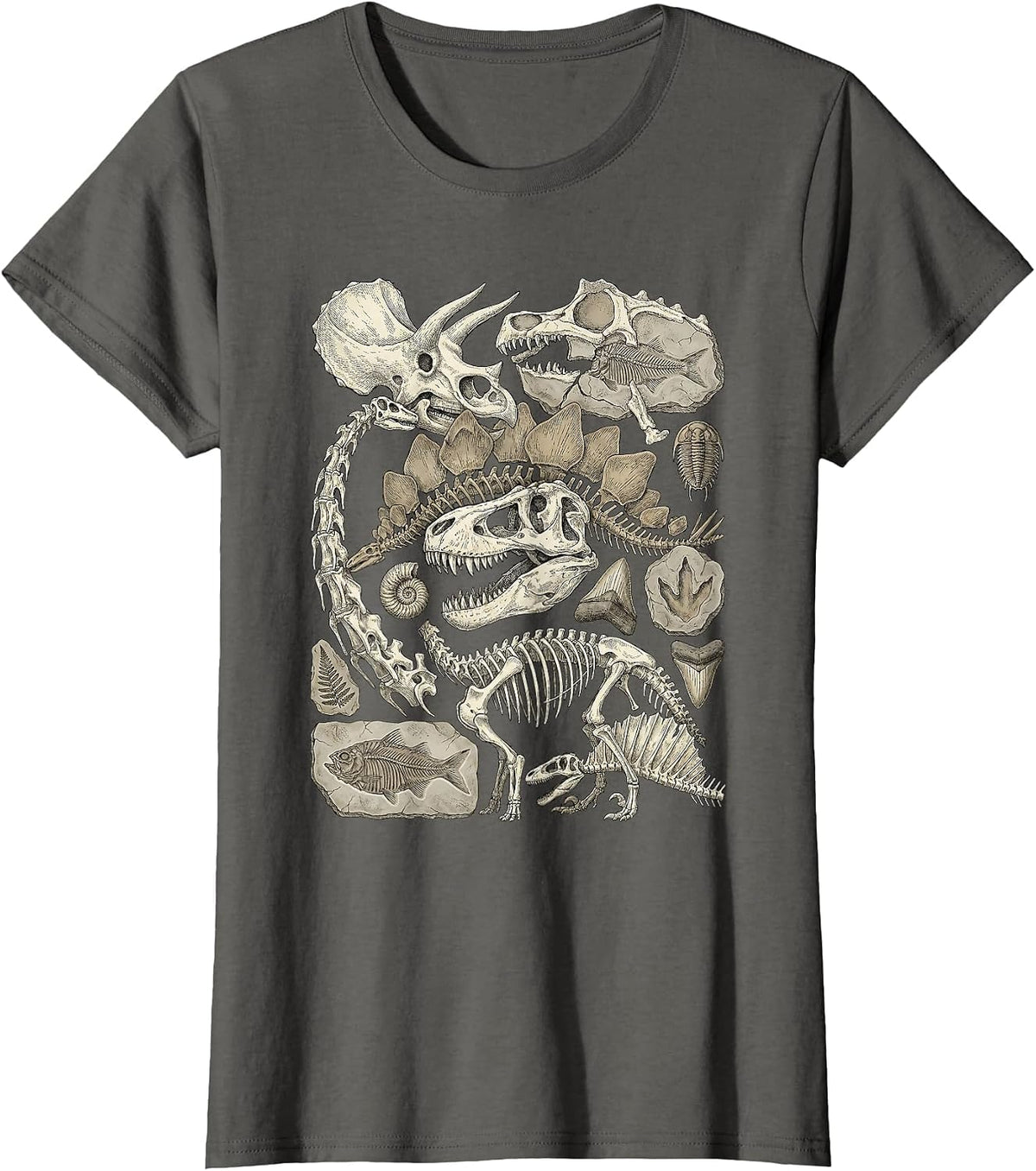 Vintage Dinosaur Skeleton Fragments Paleontology Art T-Shirt - Asphalt Grey