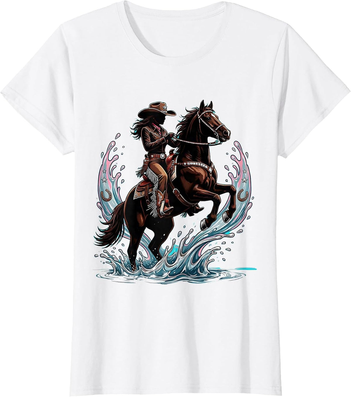 Cowgirl Riding Horse Through Splashing River T-Shirt - White