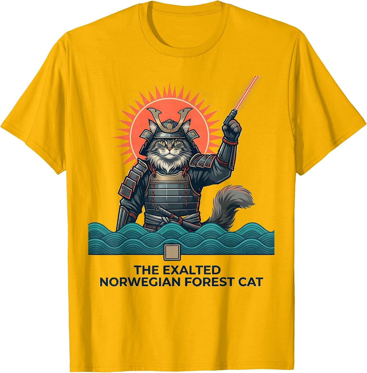 The Exalted Norwegian Forest Cat Funny Anime Cat Ukiyo-e Art T-Shirt - Golden Yellow