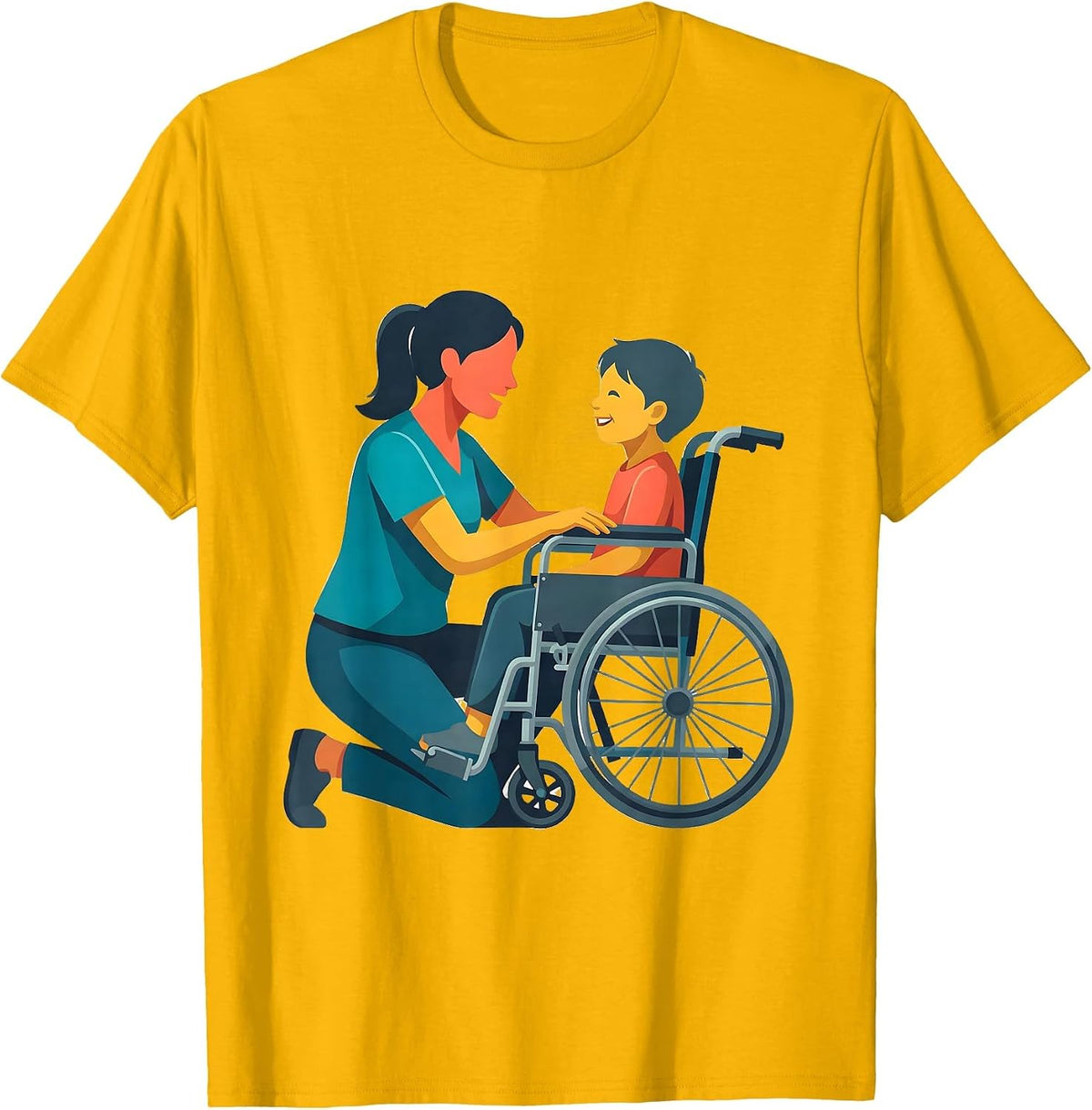 Special Education Teacher Kneeling With Wheelchair Child T-Shirt - Golden Yellow