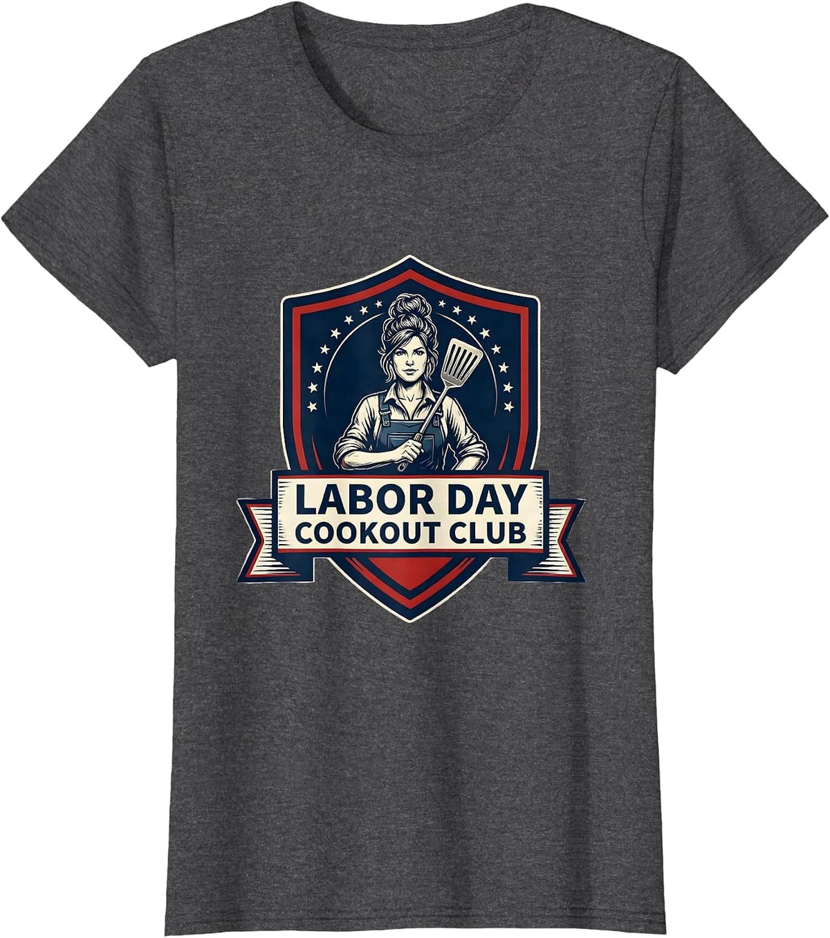 Women's Labor Day Cookout Club Patriotic Messy Bun Woman Holiday T-Shirt - Dark Heather Grey