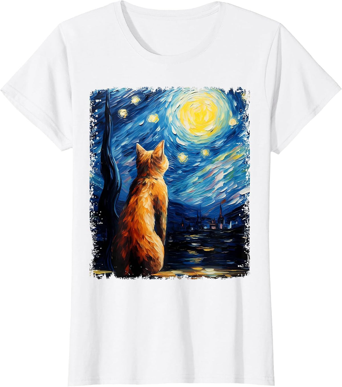 Abyssinian Orange Cat Starry Night Painting T-Shirt - White