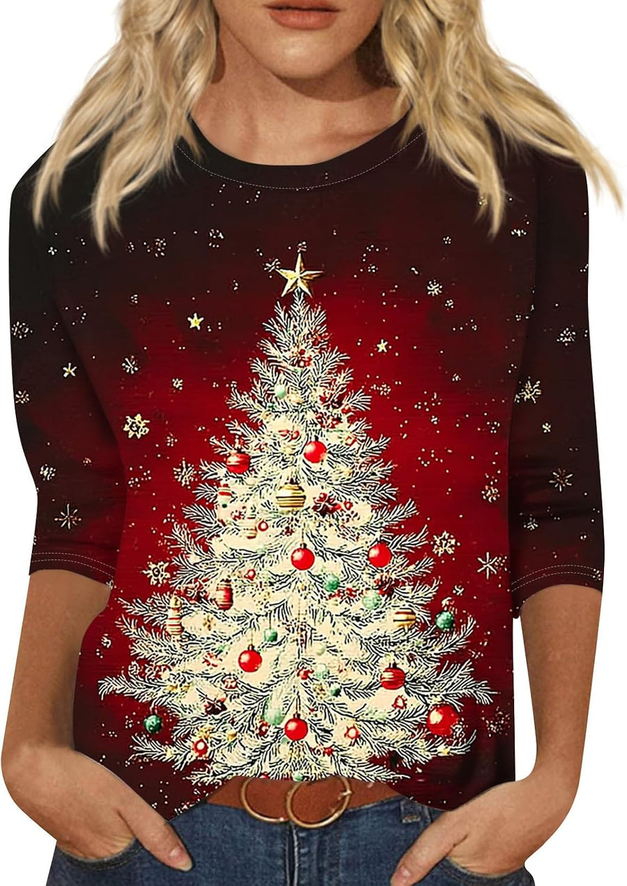 Christmas Shirts for Women 2026 Holiday Christmas Funny Graphic 3/4 Sleeve Tops Crewneck Vintage Xmas Graphic Tees - B2 Wine