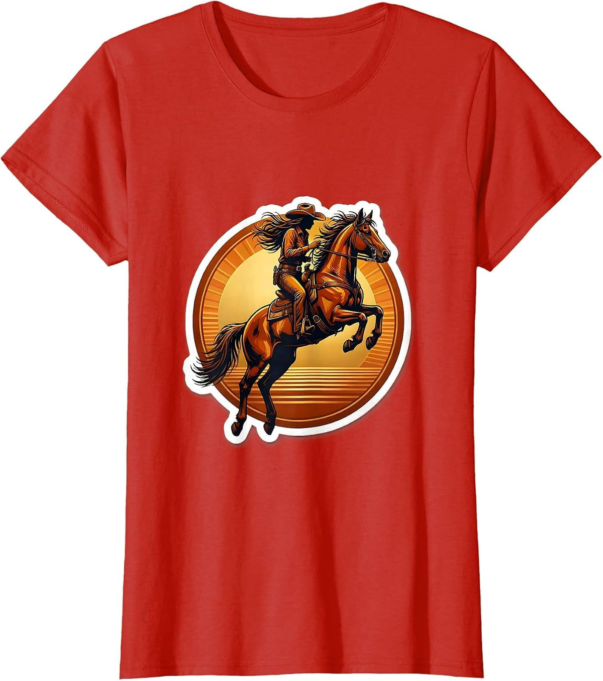 Cowboy Rider and Horse Mid-Jump Sunset Design T-Shirt - Red