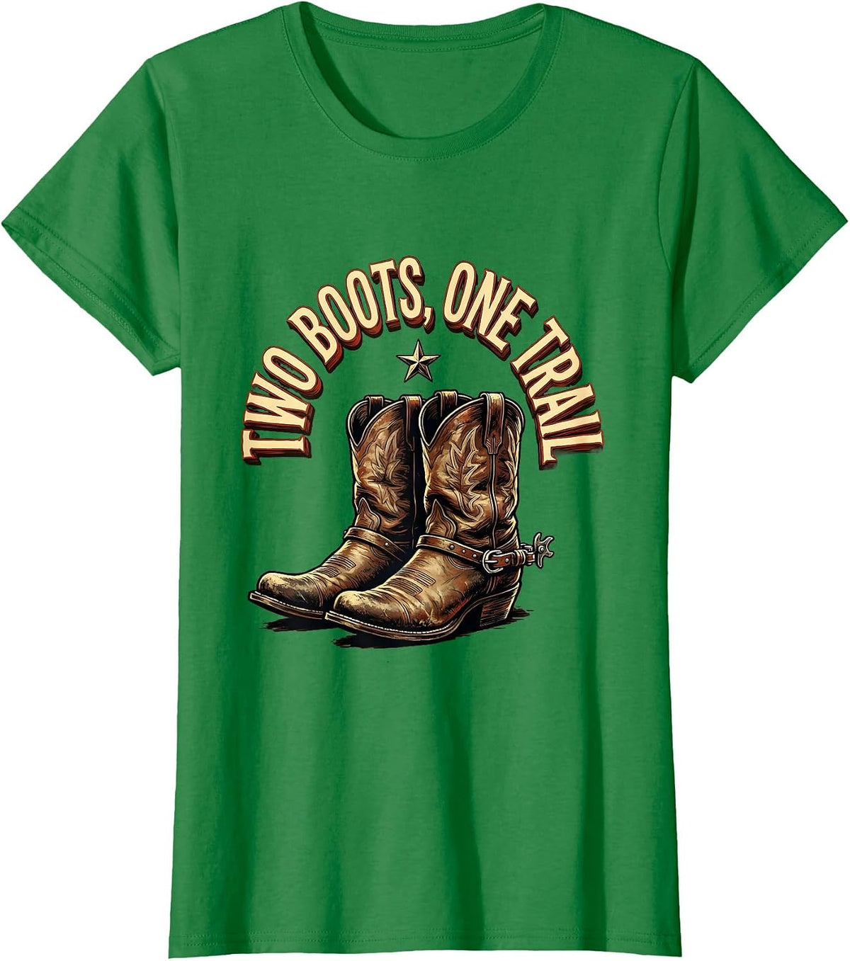 Women's Two Boots One Trail Cowboy Western Design T-Shirt - Kelly Green