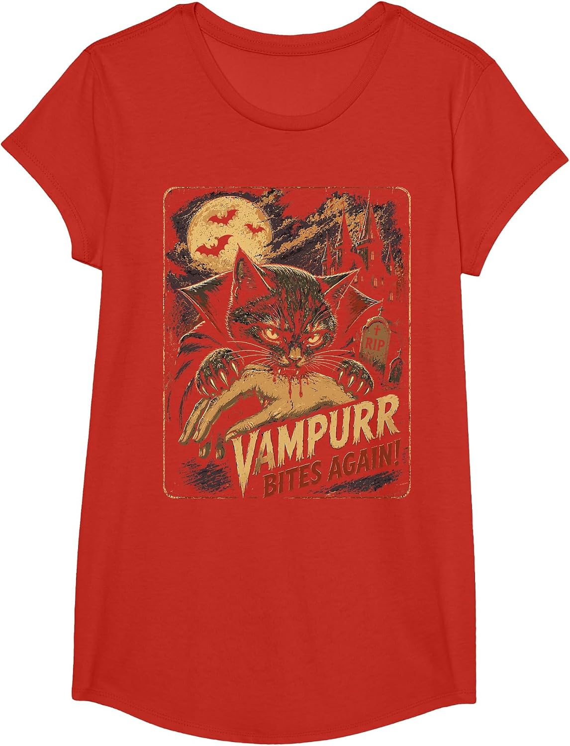 Halloween Comic Cat Vampurr Bites Again Funny Halloween T-Shirt - Girls Red