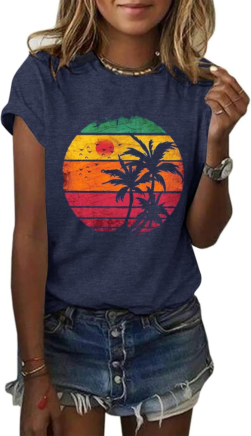 GEMLON Graphic Tees for Women Print Short Sleeve Tops Summer Casual T-Shirt - S Navy