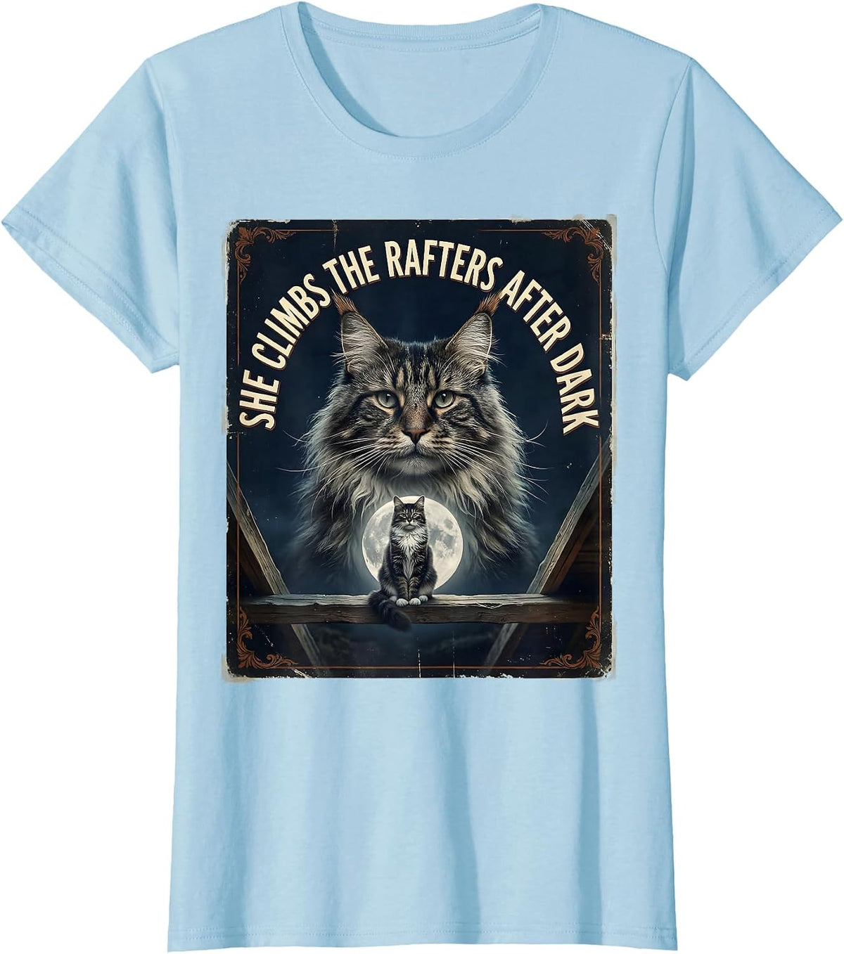 She Climbs The Rafters After Dark Vintage Norwegian Forest T-Shirt - Baby Blue