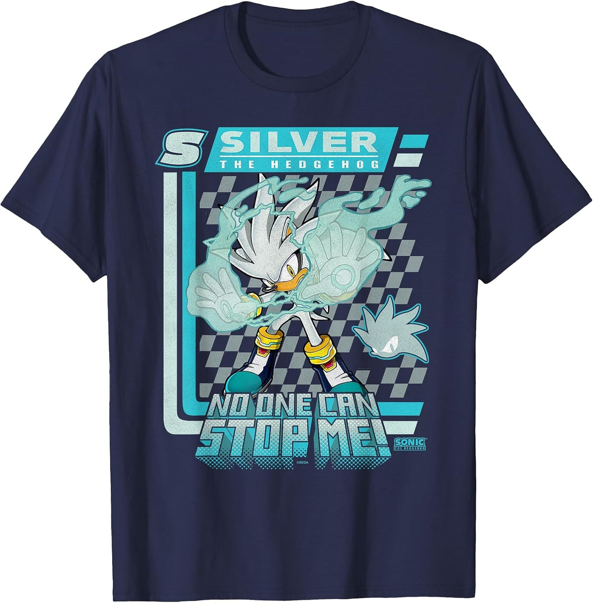 Sonic The Hedgehog Silver The Hedgehog Racing Poster T-Shirt - Navy Blue