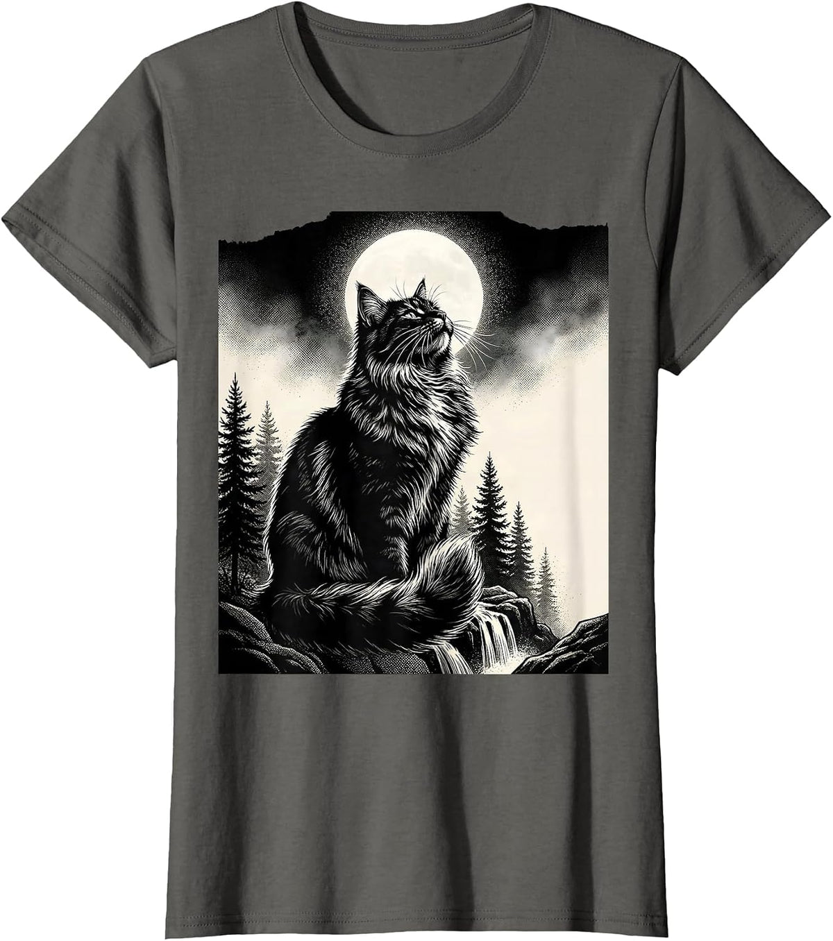 Women's Norwegian Forest Cat Howling at Moon Retro Fantasy T-Shirt - Asphalt Grey