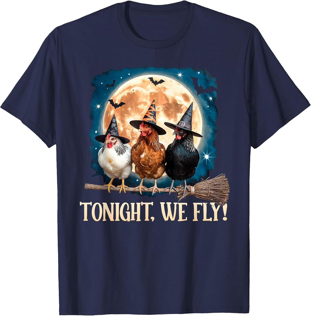Tonight We Fly Moon Bat Funny Spooky Chicken Witch Halloween T-Shirt - Navy Blue