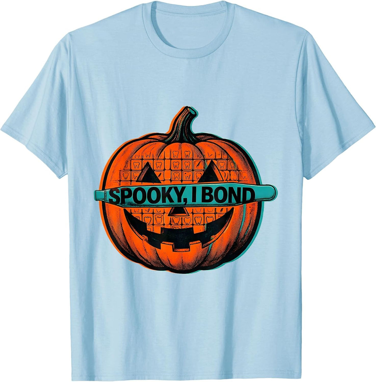 Men's Spooky, I Bond Risograph Dental Hygienist Halloween Humor T-Shirt - Baby Blue