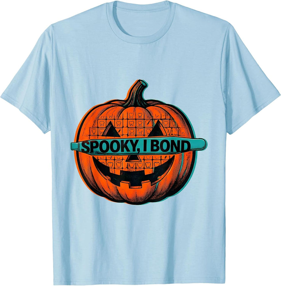 Men's Spooky, I Bond Risograph Dental Hygienist Halloween Humor T-Shirt - Baby Blue