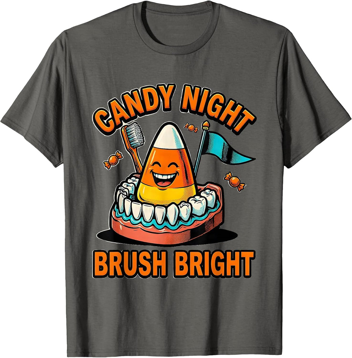 Candy Night Brush Bright Pop Art Dental Humor Halloween T-Shirt - Asphalt Grey