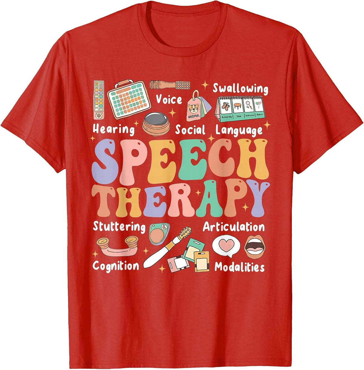 Speech Therapy Tee Retro Groovy Funny Therapist SLP AAC SLPA T-Shirt - Red