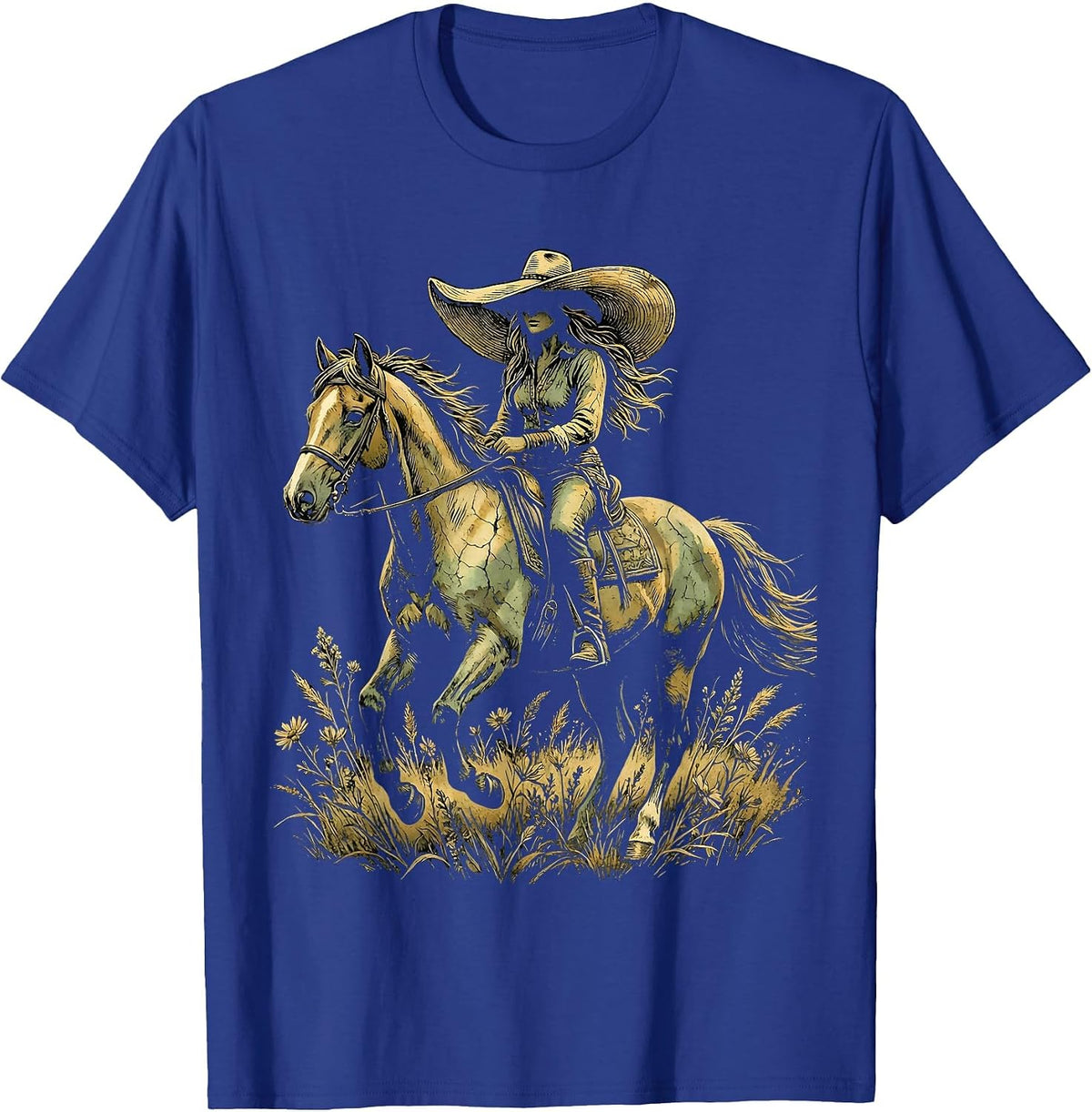 Western Cowboy Hat Horseback Rider Graphic T-Shirt - Royal Blue