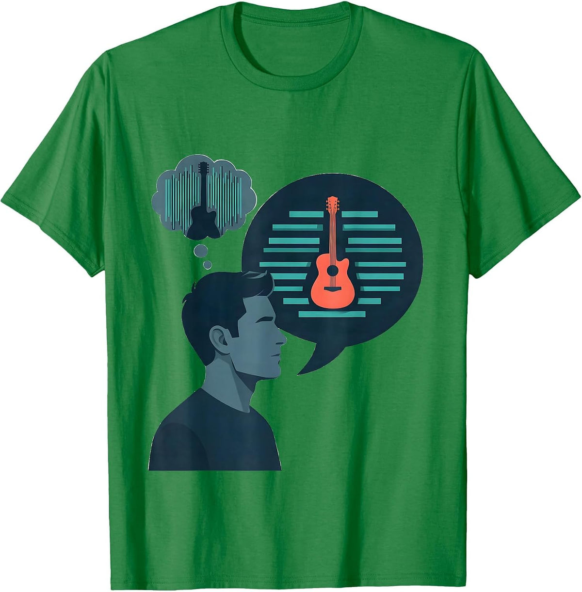 Men's Musician Inner Monologue Flat Vector Guitarist Humor T-Shirt - Kelly Green