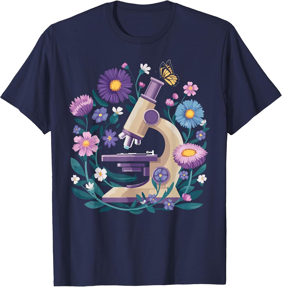 Microscope Flower Butterfly Biology Science Teacher Student T-Shirt - Navy Blue