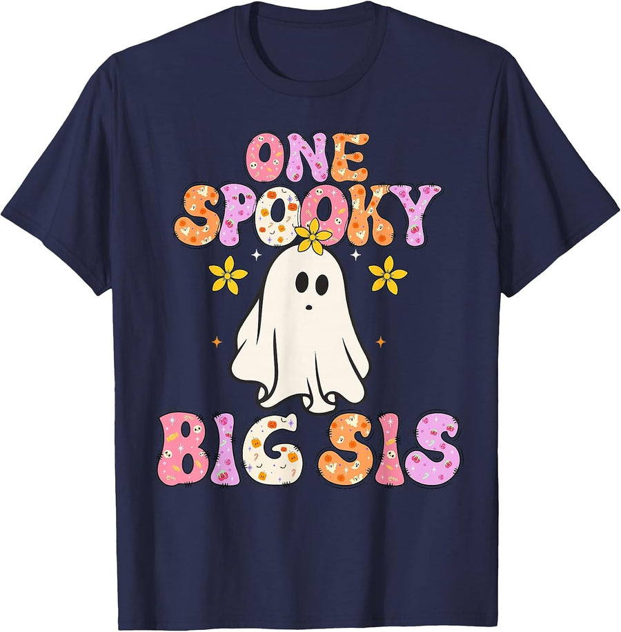 Big Sister Halloween Shirt One Spooky Big Sister Announcement T-Shirt and Tees for Kids Girls - Navy Blue