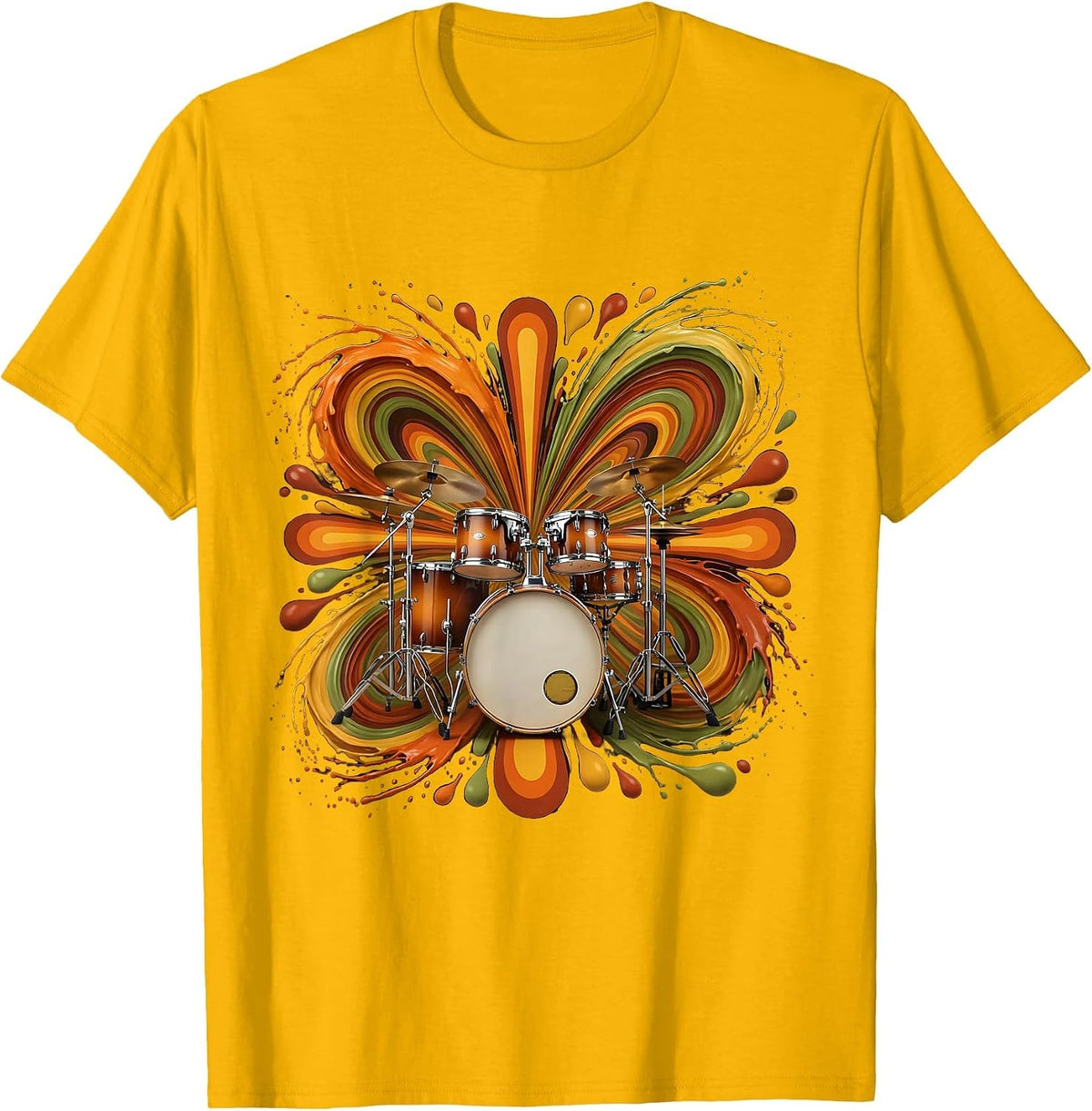Exploding Drum Kit Colorful Paint Splatter Art T-Shirt - Golden Yellow
