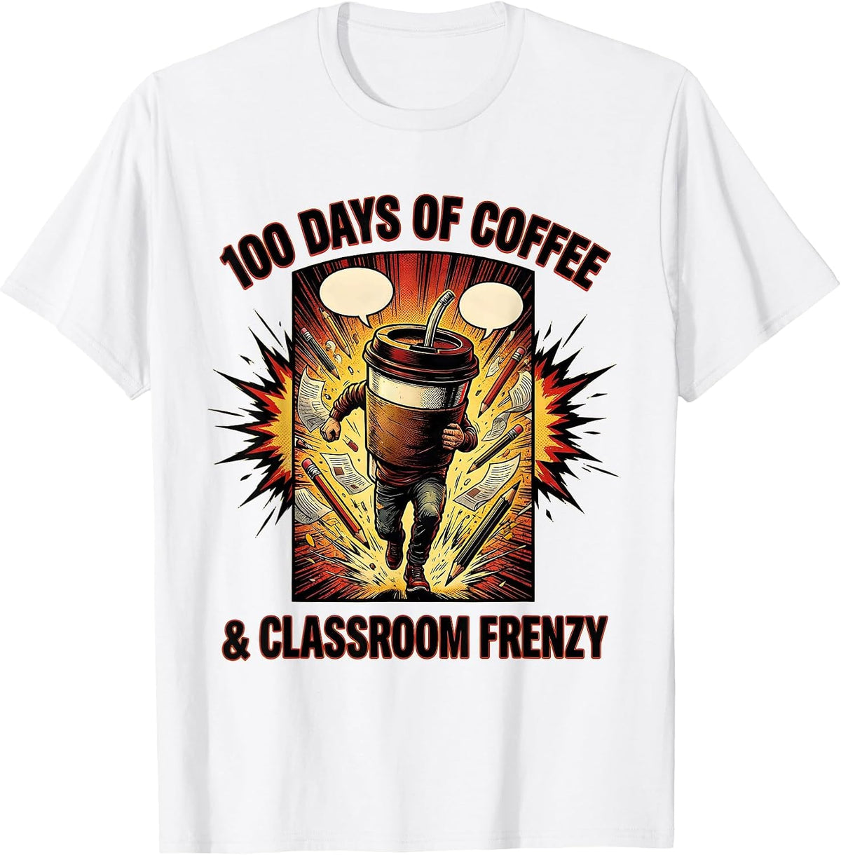 Men's 100 Days Of Coffee & Classroom Frenzy Comic Book Teacher T-Shirt - White