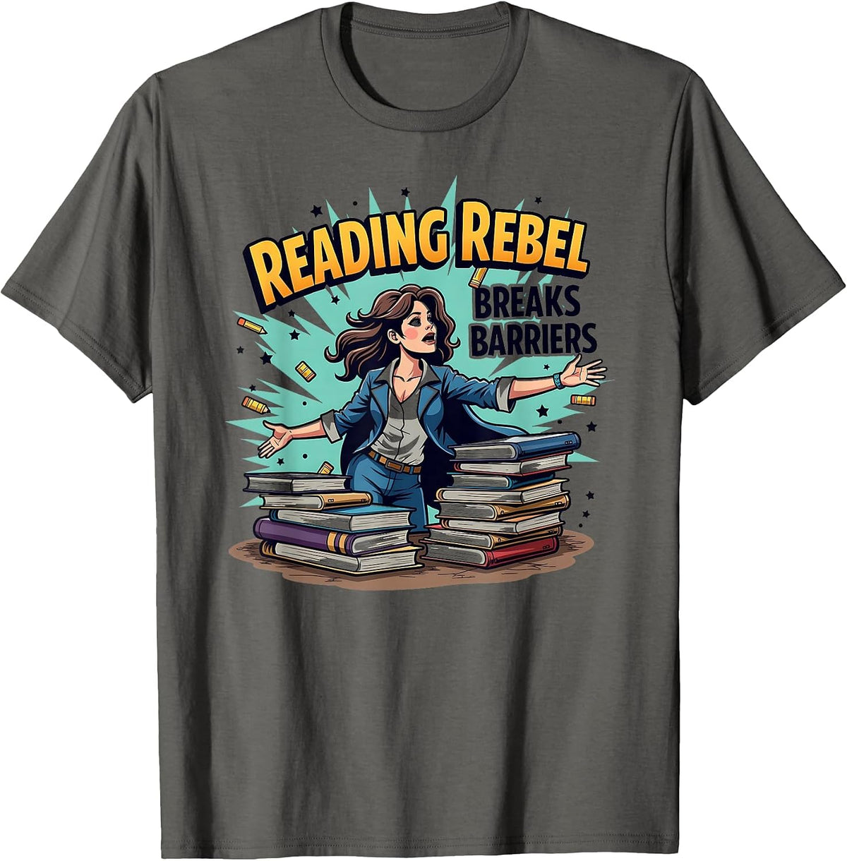 Reading Rebel Breaks Barriers Teacher Design T-Shirt - Asphalt Grey