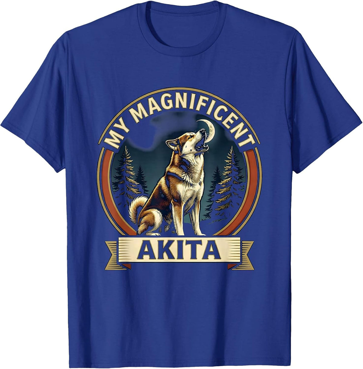 MY MAGNIFICENT AKITA Funny Akita Howling At The Moon Retro T-Shirt - Royal Blue