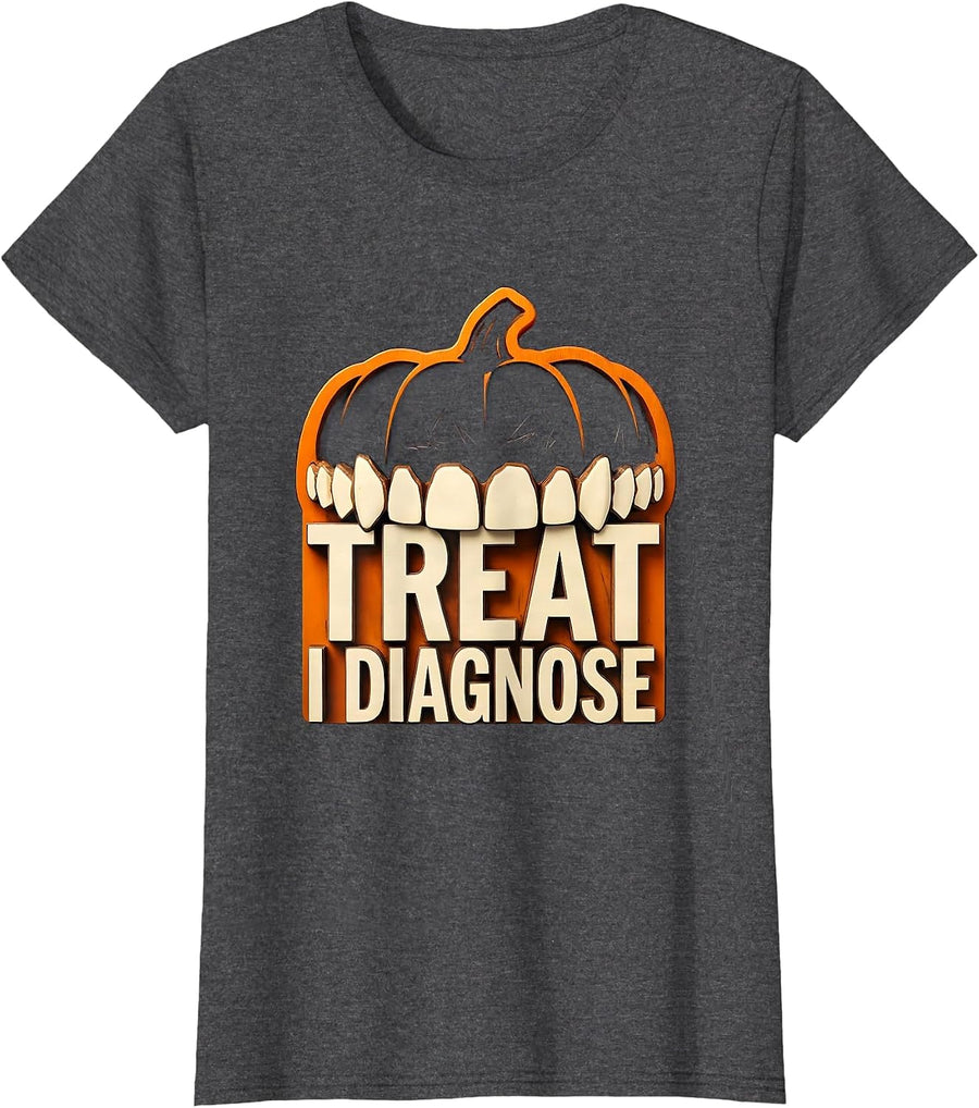 Women's Treat I Diagnose Wood Type Letterpress Dental Hygienist T-Shirt - Dark Heather Grey
