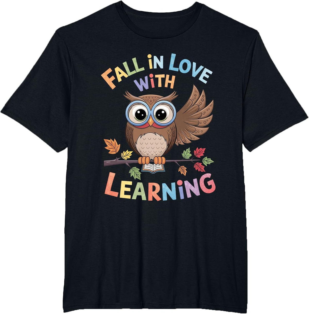 Fall in Love with Learning Owl Funny Thanksgiving Teacher T-Shirt - Black