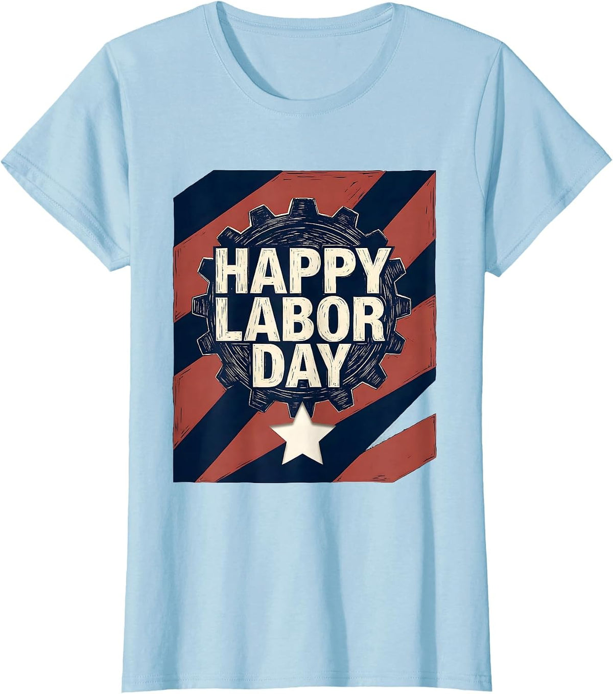Women's Happy Labor Day Patriotic Union Pride Graphic Linocut T-Shirt - Baby Blue