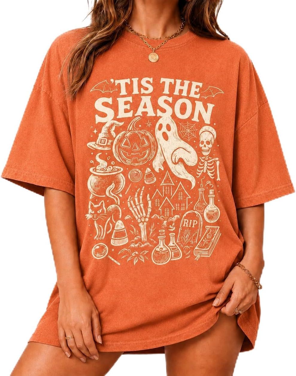 Women’s Halloween Shirt Spooky Graphic Tee Pumpkin Ghost Fall Oversized Top - Orangea