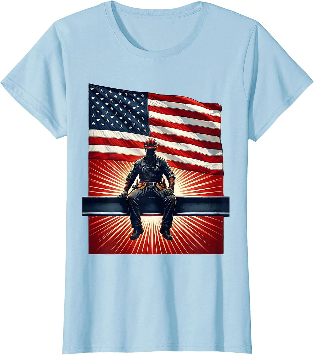 Ironworker Silhouette on Steel Beam Graphic T-Shirt - Baby Blue
