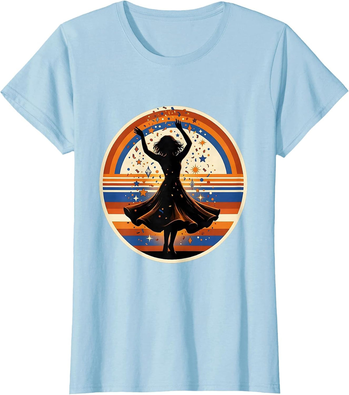 Red White and Blue Dancing Celebration Graphic T-Shirt - Baby Blue
