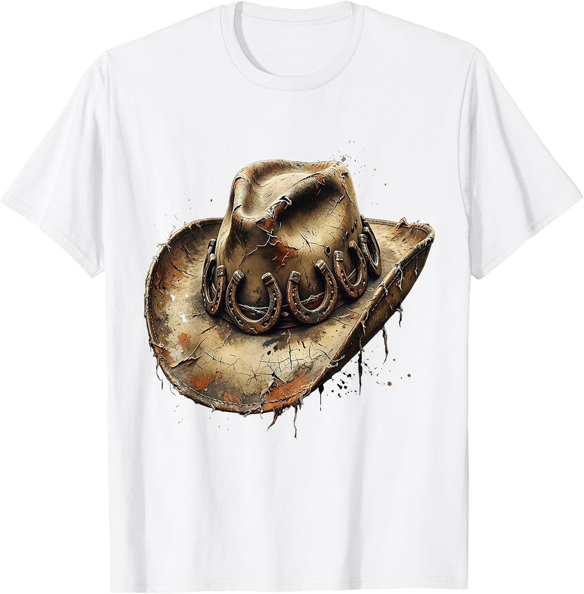 Men's Cowboy Hat Horseshoe Western Graphic Design T-Shirt - White
